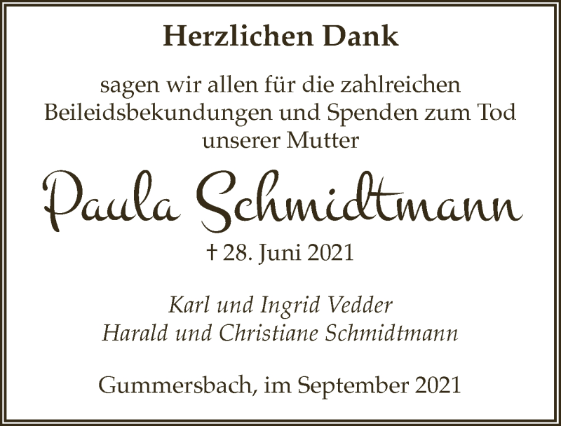  Traueranzeige für Paula Schmidtmann vom 03.09.2021 aus  Anzeigen Echo 