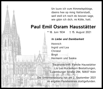 Anzeige von Paul Emil Osram Hausstätter von Kölner Stadt-Anzeiger / Kölnische Rundschau / Express