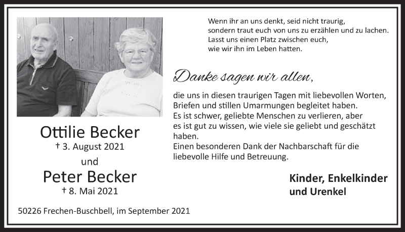  Traueranzeige für Peter Becker vom 03.09.2021 aus  Wochenende 