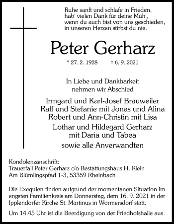 Anzeige von Peter Gerharz von Kölner Stadt-Anzeiger / Kölnische Rundschau / Express
