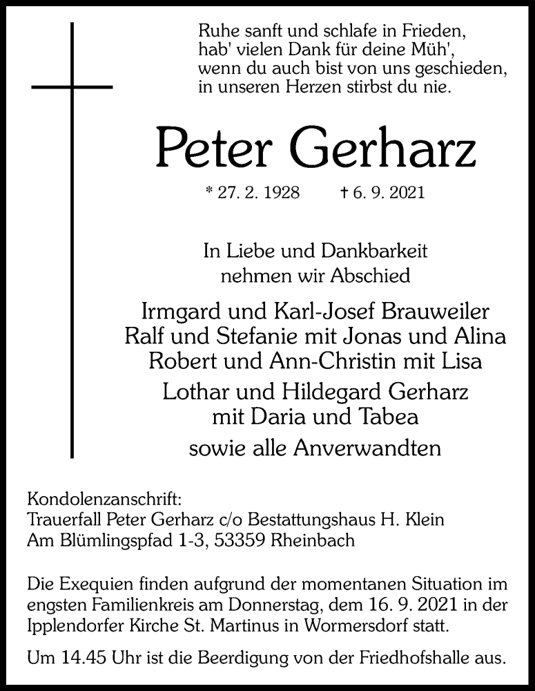  Traueranzeige für Peter Gerharz vom 11.09.2021 aus Kölner Stadt-Anzeiger / Kölnische Rundschau / Express