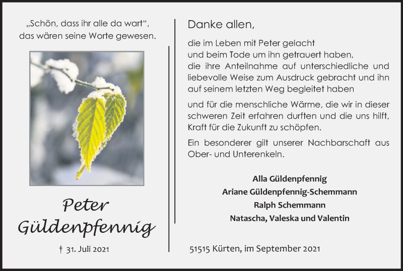  Traueranzeige für Peter Güldenpfennig vom 04.09.2021 aus Kölner Stadt-Anzeiger / Kölnische Rundschau / Express