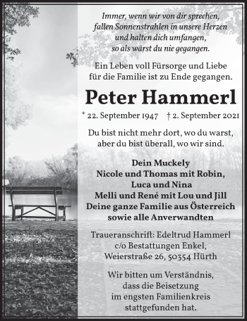 Anzeige von Peter Hammerl von  Wochenende 