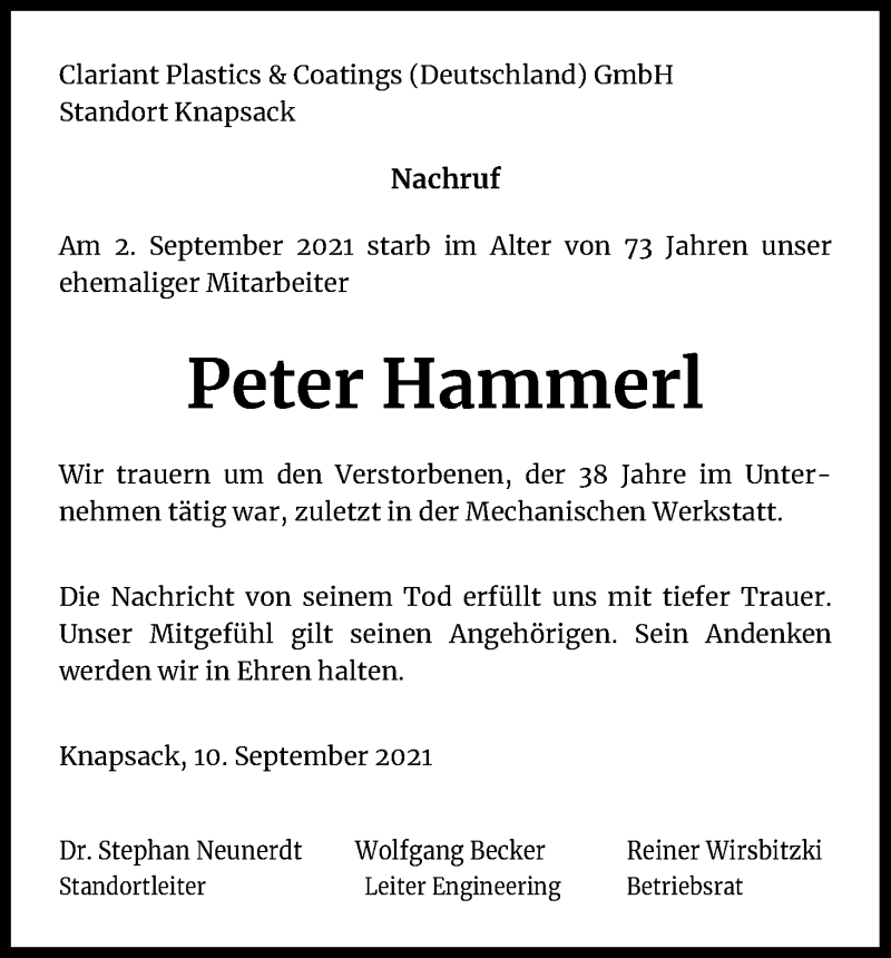 Traueranzeige für Peter Hammerl vom 16.09.2021 aus Kölner Stadt-Anzeiger / Kölnische Rundschau / Express