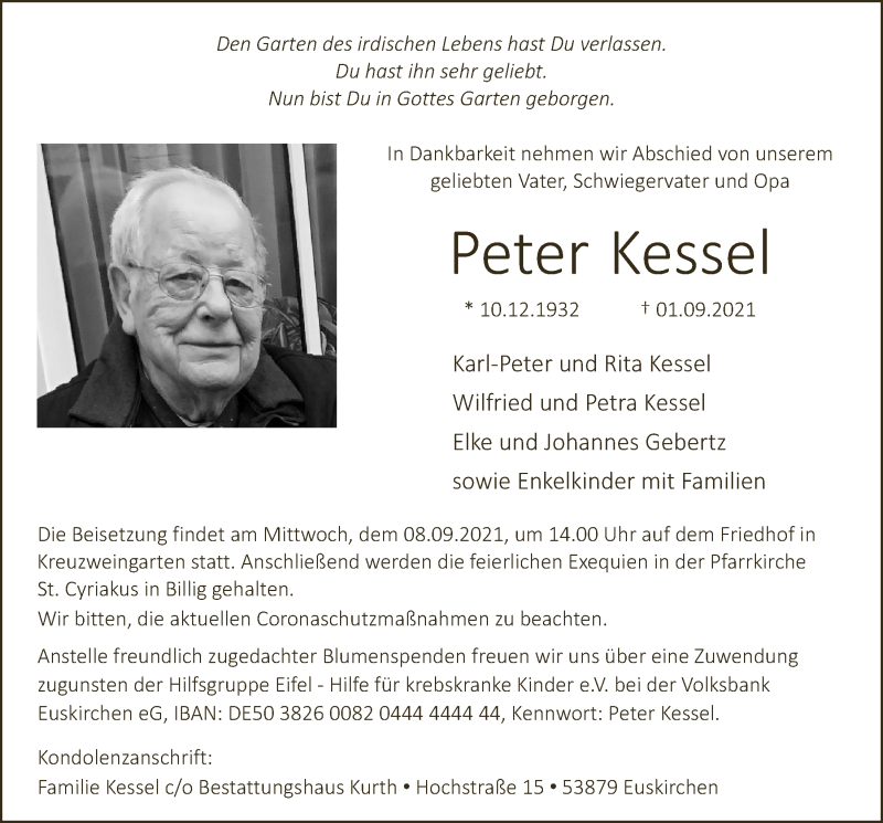  Traueranzeige für Peter Kessel vom 04.09.2021 aus  Blickpunkt Euskirchen 