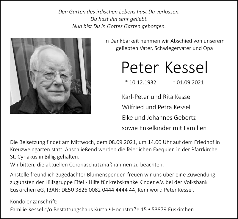  Traueranzeige für Peter Kessel vom 04.09.2021 aus Kölner Stadt-Anzeiger / Kölnische Rundschau / Express