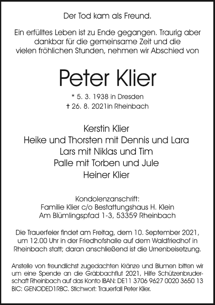  Traueranzeige für Peter Klier vom 03.09.2021 aus  Schaufenster/Blickpunkt 