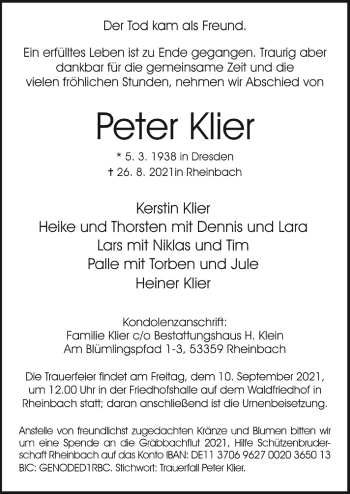 Anzeige von Peter Klier von  Schaufenster/Blickpunkt 