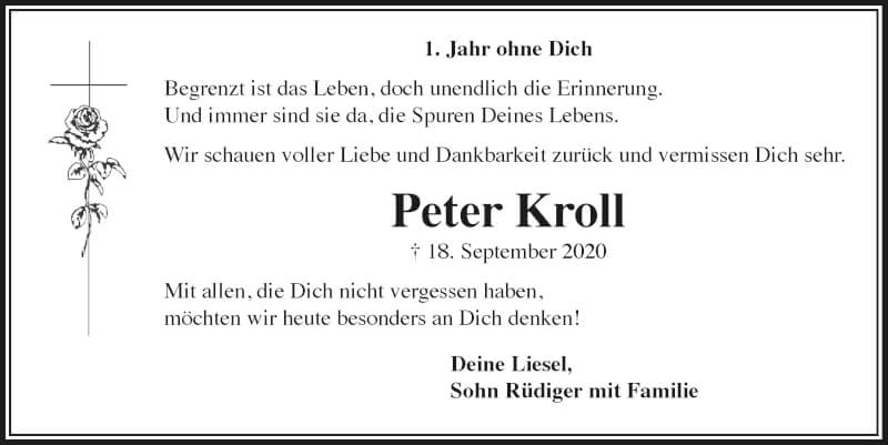  Traueranzeige für Peter Kroll vom 17.09.2021 aus  Schlossbote/Werbekurier 
