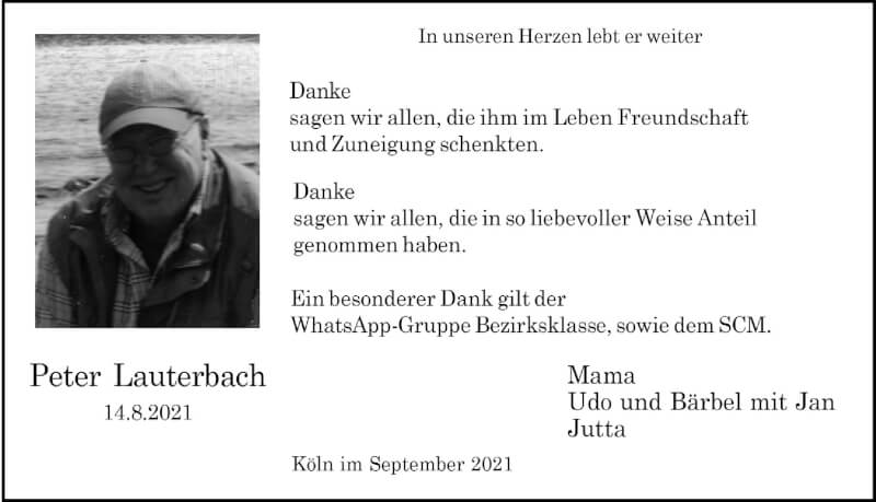  Traueranzeige für Peter Lauterbach vom 17.09.2021 aus  Kölner Wochenspiegel 