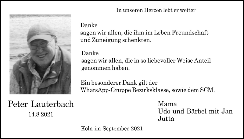  Traueranzeige für Peter Lauterbach vom 24.09.2021 aus  Schlossbote/Werbekurier 