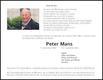 Anzeige von Peter Mans von Kölner Stadt-Anzeiger / Kölnische Rundschau / Express