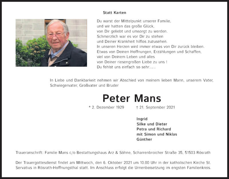  Traueranzeige für Peter Mans vom 25.09.2021 aus Kölner Stadt-Anzeiger / Kölnische Rundschau / Express