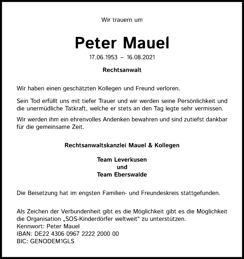  Traueranzeige für Peter Mauel vom 08.09.2021 aus Kölner Stadt-Anzeiger / Kölnische Rundschau / Express