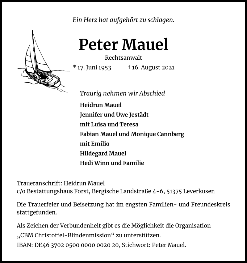  Traueranzeige für Peter Mauel vom 08.09.2021 aus Kölner Stadt-Anzeiger / Kölnische Rundschau / Express