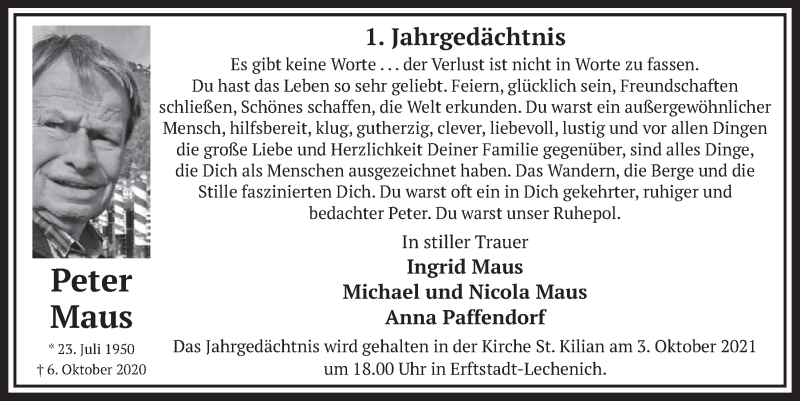  Traueranzeige für Peter Maus vom 24.09.2021 aus  Werbepost 