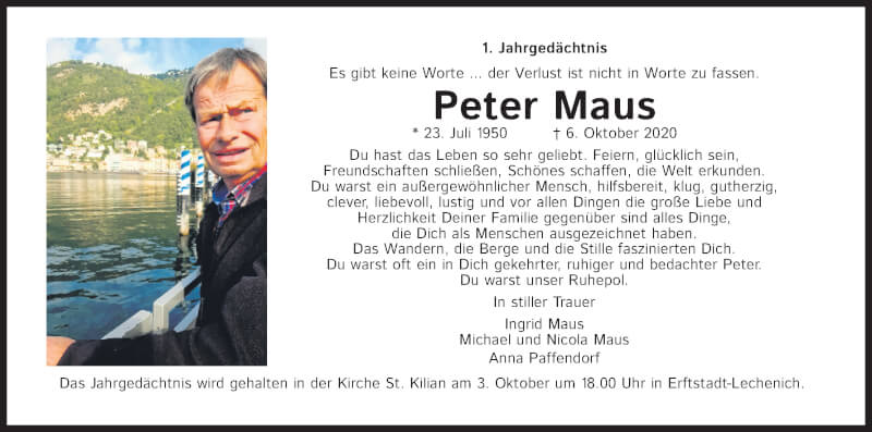  Traueranzeige für Peter Maus vom 25.09.2021 aus Kölner Stadt-Anzeiger / Kölnische Rundschau / Express
