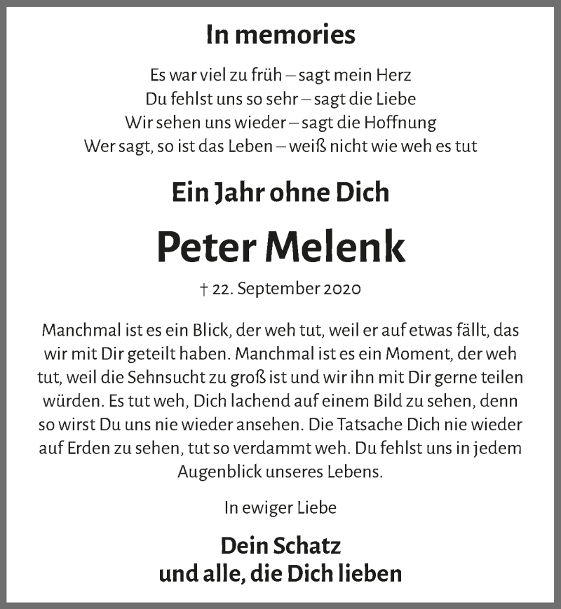  Traueranzeige für Peter Melenk vom 24.09.2021 aus  Anzeigen Echo 