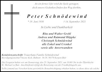 Anzeige von Peter Schnödewind von Kölner Stadt-Anzeiger / Kölnische Rundschau / Express