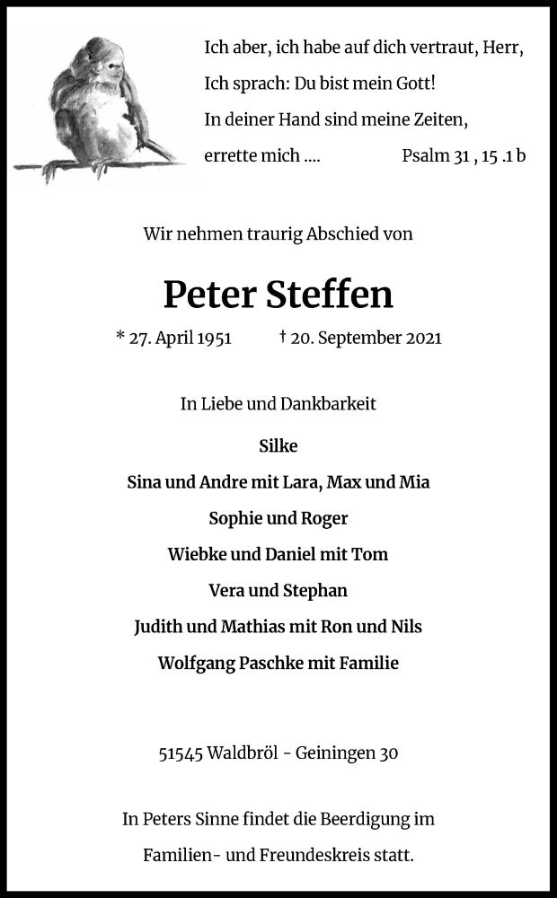  Traueranzeige für Peter Steffen vom 25.09.2021 aus Kölner Stadt-Anzeiger / Kölnische Rundschau / Express
