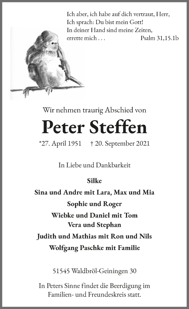  Traueranzeige für Peter Steffen vom 24.09.2021 aus  Lokalanzeiger 