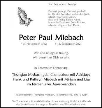Anzeige von Peter Paul Miebach von Kölner Stadt-Anzeiger / Kölnische Rundschau / Express