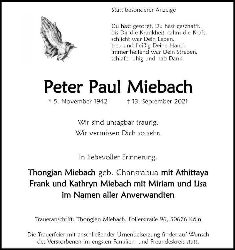  Traueranzeige für Peter Paul Miebach vom 18.09.2021 aus Kölner Stadt-Anzeiger / Kölnische Rundschau / Express