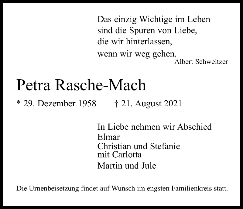  Traueranzeige für Petra Rasche-Mach vom 11.09.2021 aus Kölner Stadt-Anzeiger / Kölnische Rundschau / Express