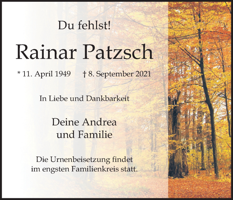  Traueranzeige für Rainar Patzsch vom 11.09.2021 aus Kölner Stadt-Anzeiger / Kölnische Rundschau / Express