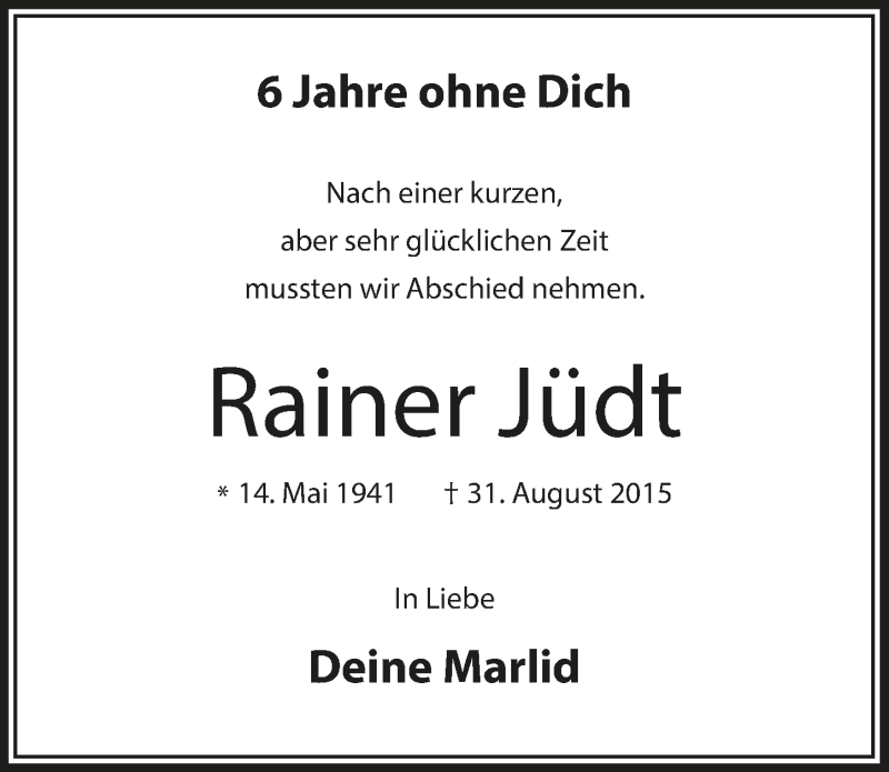  Traueranzeige für Rainer Jüdt vom 03.09.2021 aus  Lokalanzeiger 