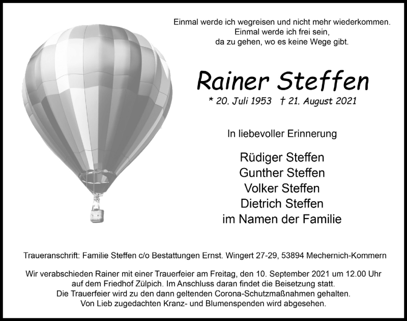  Traueranzeige für Rainer Steffen vom 04.09.2021 aus  Blickpunkt Euskirchen 