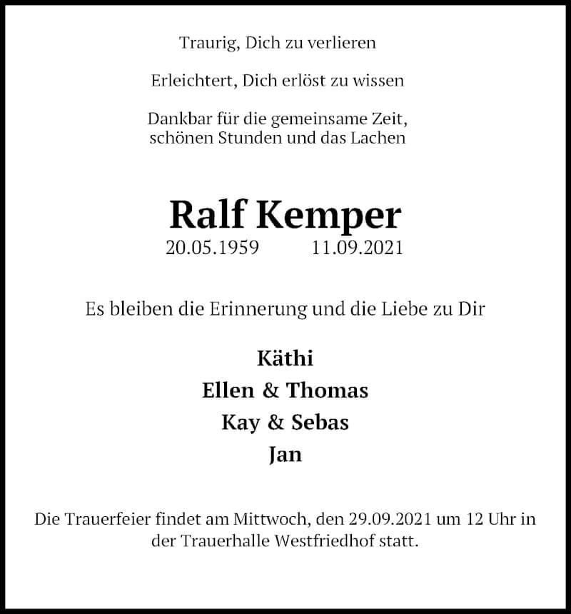  Traueranzeige für Ralf Kemper vom 25.09.2021 aus Kölner Stadt-Anzeiger / Kölnische Rundschau / Express