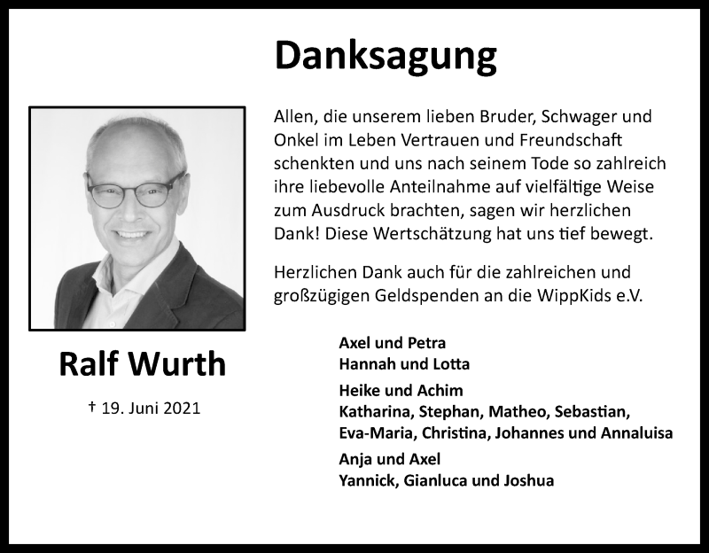  Traueranzeige für Ralf Wurth vom 25.09.2021 aus Kölner Stadt-Anzeiger / Kölnische Rundschau / Express