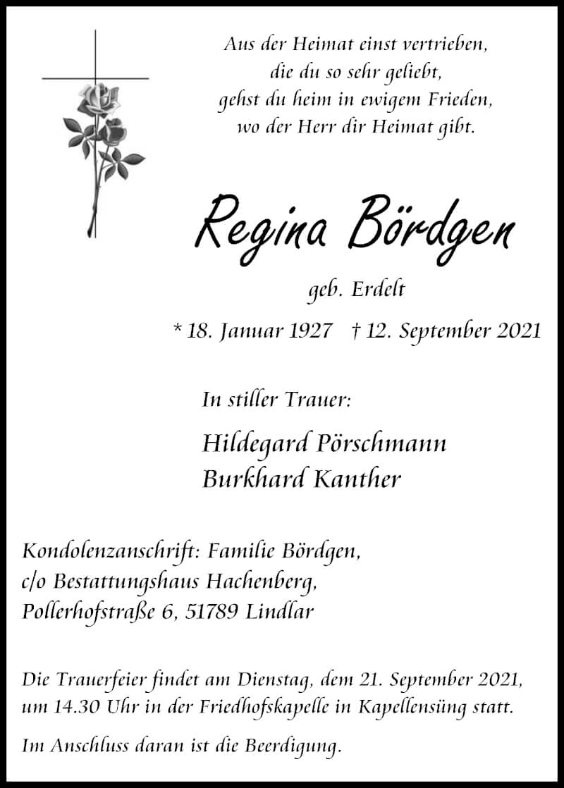  Traueranzeige für Regina Bördgen vom 18.09.2021 aus Kölner Stadt-Anzeiger / Kölnische Rundschau / Express