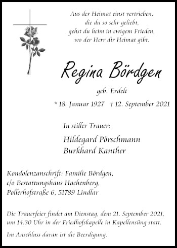 Anzeige von Regina Bördgen von Kölner Stadt-Anzeiger / Kölnische Rundschau / Express