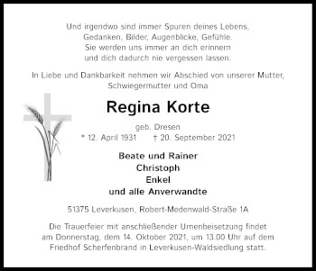 Anzeige von Regina Korte von Kölner Stadt-Anzeiger / Kölnische Rundschau / Express