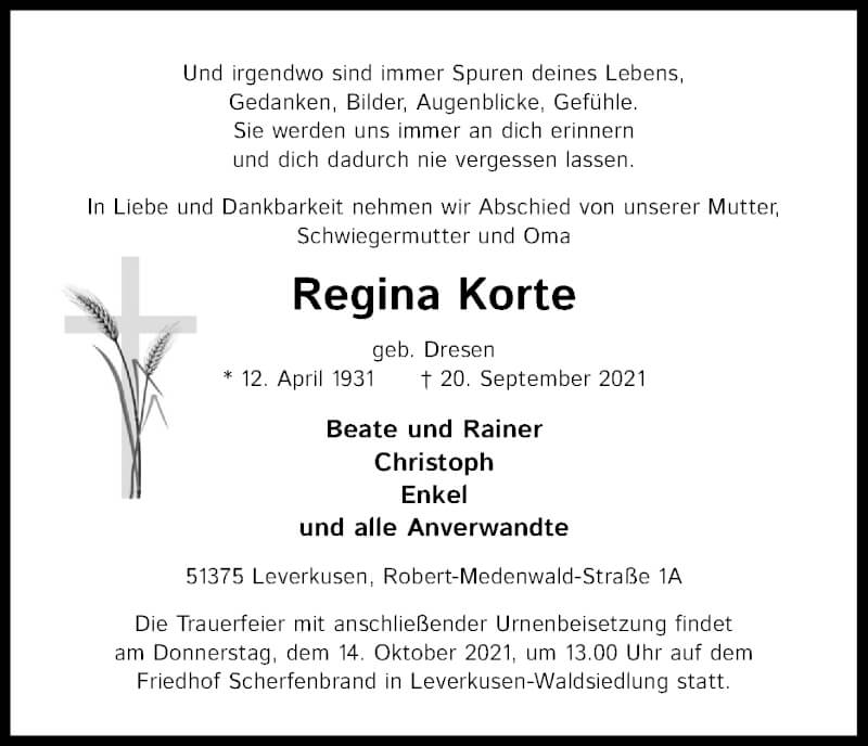  Traueranzeige für Regina Korte vom 25.09.2021 aus Kölner Stadt-Anzeiger / Kölnische Rundschau / Express