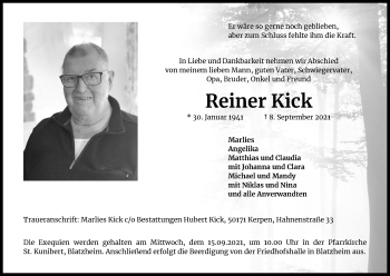 Anzeige von Reiner Kick von Kölner Stadt-Anzeiger / Kölnische Rundschau / Express