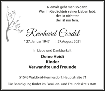 Anzeige von Reinhard Cordel von  Lokalanzeiger 
