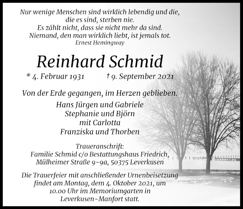  Traueranzeige für Reinhard Schmid vom 18.09.2021 aus Kölner Stadt-Anzeiger / Kölnische Rundschau / Express