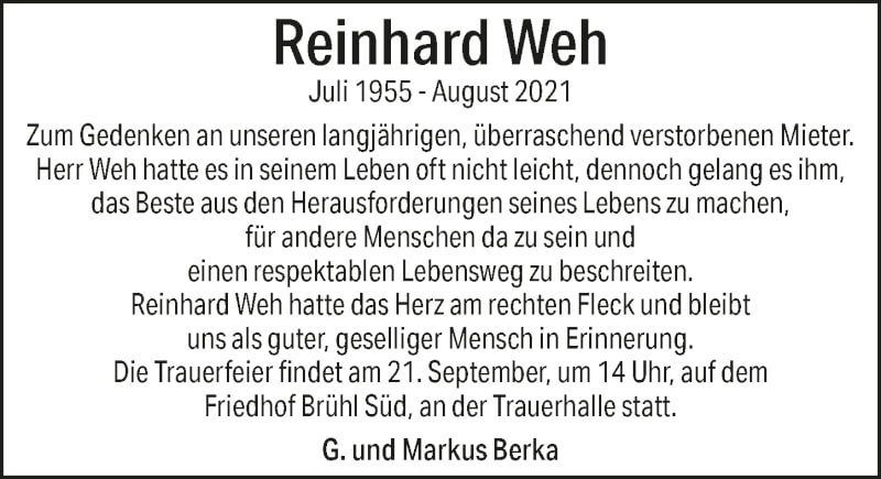  Traueranzeige für Reinhard Weh vom 17.09.2021 aus  Schlossbote/Werbekurier 