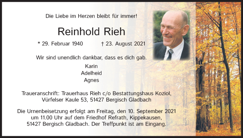  Traueranzeige für Reinhold Rieh vom 04.09.2021 aus Kölner Stadt-Anzeiger / Kölnische Rundschau / Express