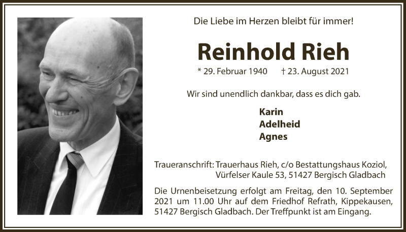  Traueranzeige für Reinhold Rieh vom 03.09.2021 aus  Bergisches Handelsblatt 