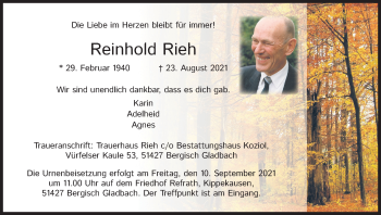 Anzeige von Reinhold Rieh von Kölner Stadt-Anzeiger / Kölnische Rundschau / Express