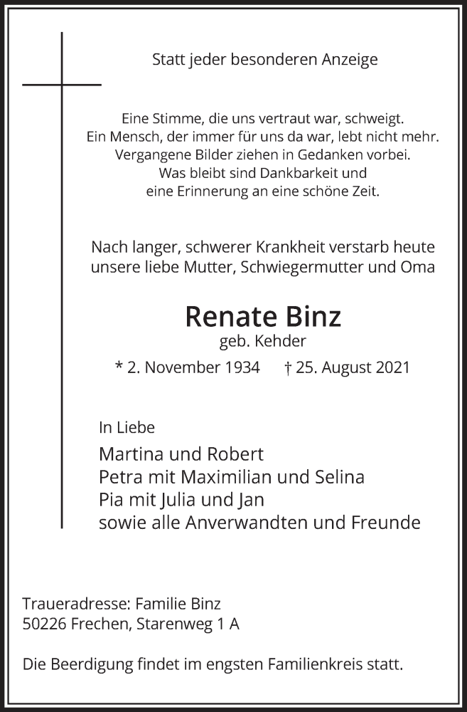  Traueranzeige für Renate Binz vom 03.09.2021 aus  Wochenende 