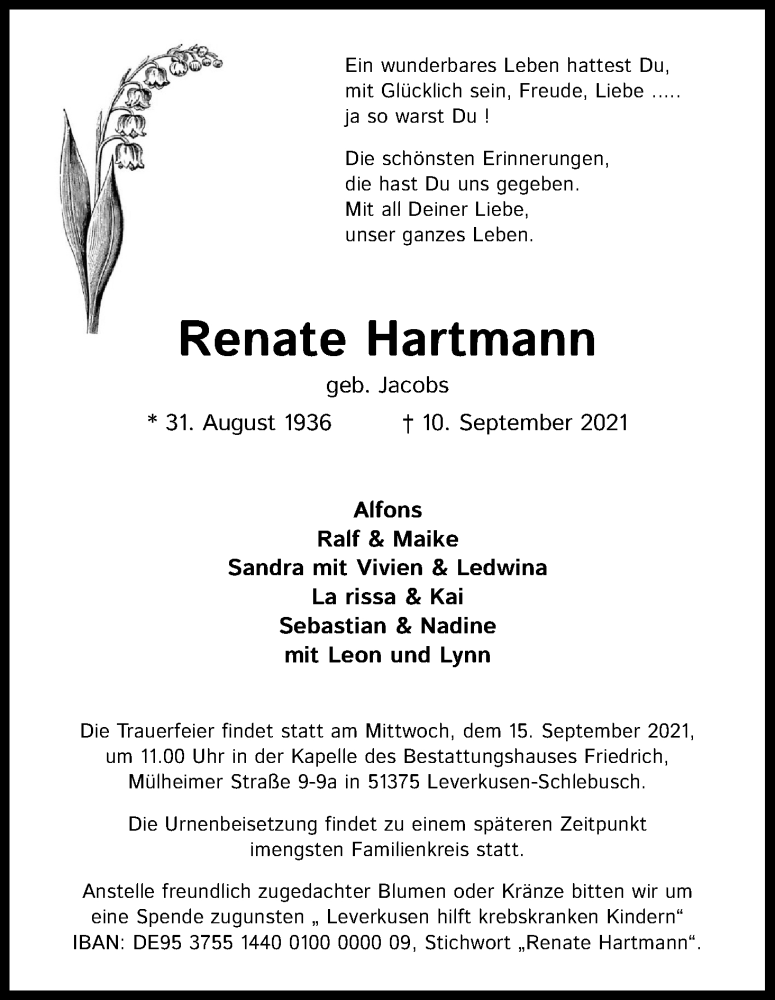  Traueranzeige für Renate Hartmann vom 11.09.2021 aus Kölner Stadt-Anzeiger / Kölnische Rundschau / Express