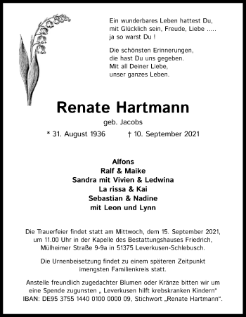 Anzeige von Renate Hartmann von Kölner Stadt-Anzeiger / Kölnische Rundschau / Express