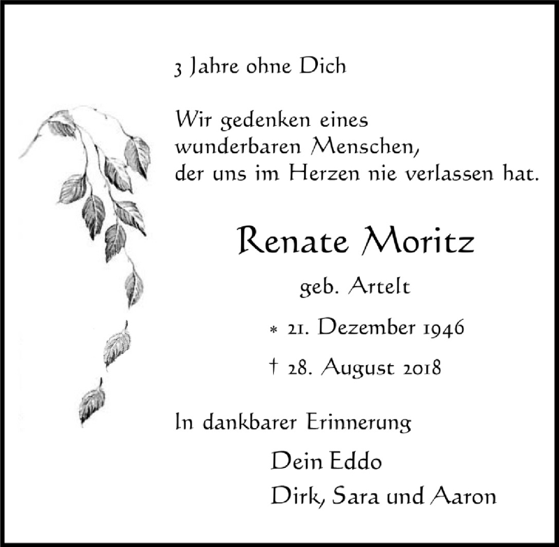  Traueranzeige für Renate Moritz vom 03.09.2021 aus  Schlossbote/Werbekurier 