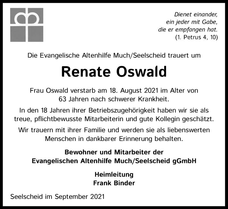  Traueranzeige für Renate Oswald vom 08.09.2021 aus Kölner Stadt-Anzeiger / Kölnische Rundschau / Express