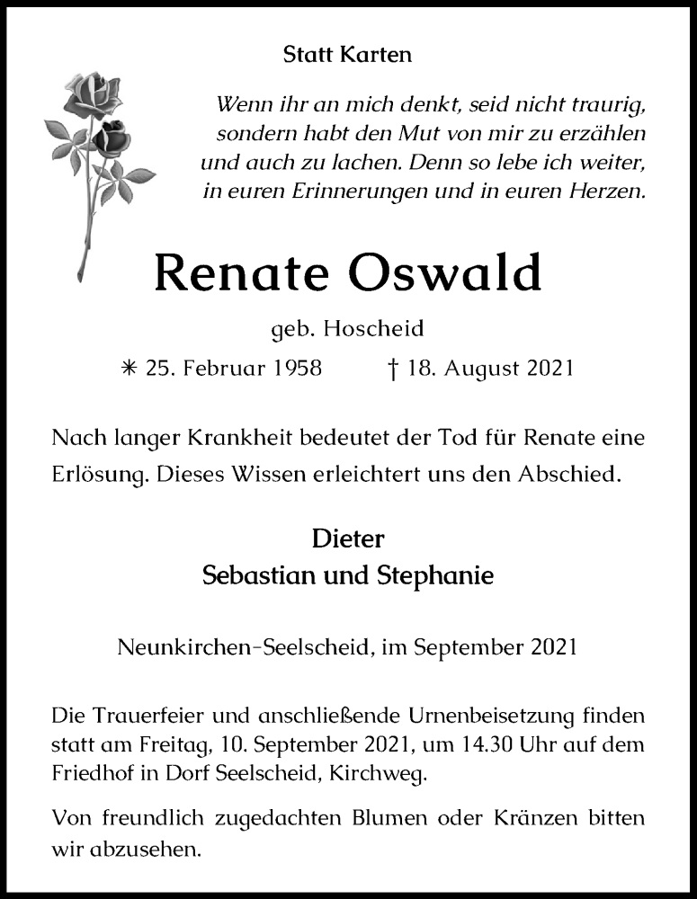  Traueranzeige für Renate Oswald vom 04.09.2021 aus Kölner Stadt-Anzeiger / Kölnische Rundschau / Express